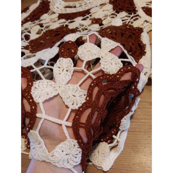 Kings Road Womens L Crochet Top Floral Cream Brown Flare Sleeve Festival Boho - Picture 2 of 7